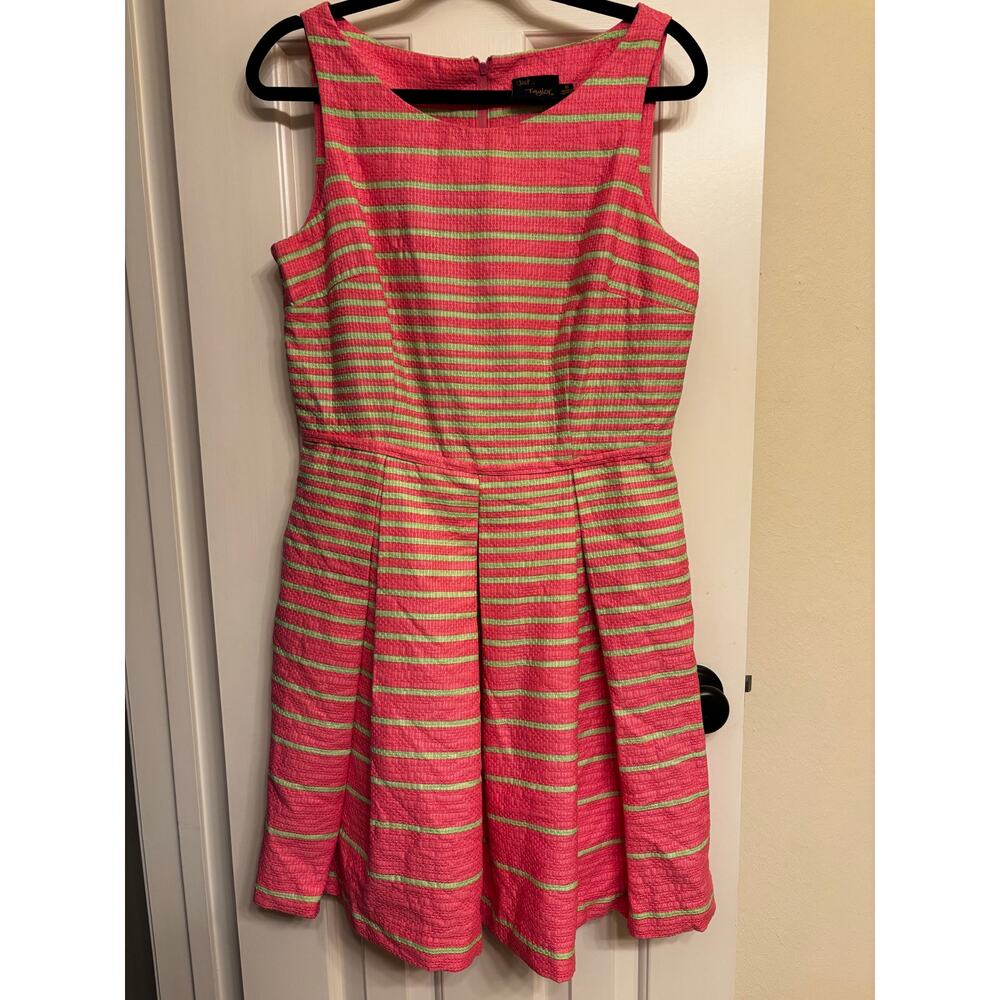 Just…Taylor women's pink and green striped sleeveless A-line dress.